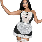 Plus Size Lace Halter Maid Costume 5-Piece Lingerie Set with Headwear