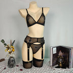 Women's New Sexy Mesh Heart Rhinestone Lingerie Set with Garter Belt & Stockings