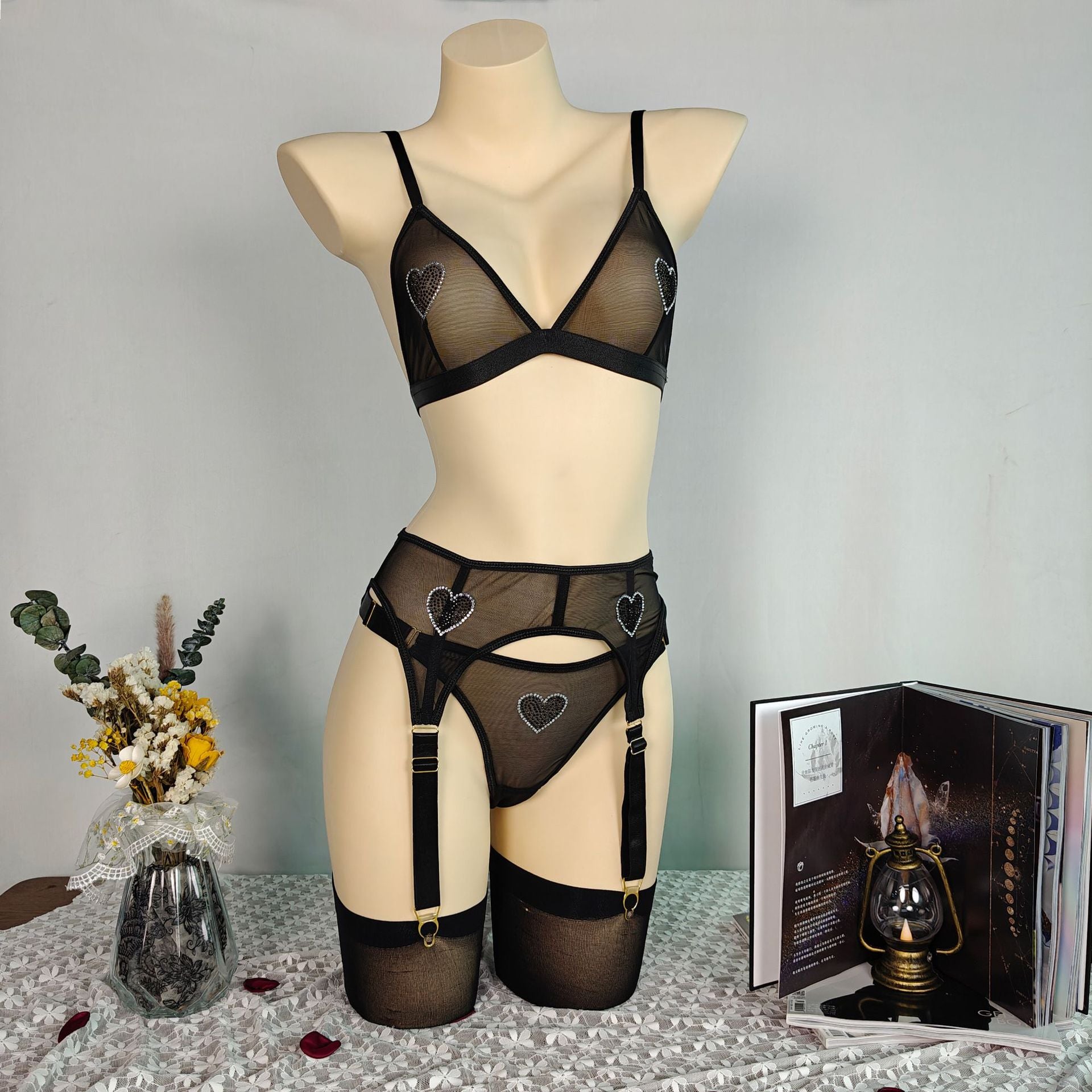 Women's New Sexy Mesh Heart Rhinestone Lingerie Set with Garter Belt & Stockings