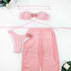 Polka Dot 3D Floral Bandeau Three-Piece Bikini Set
