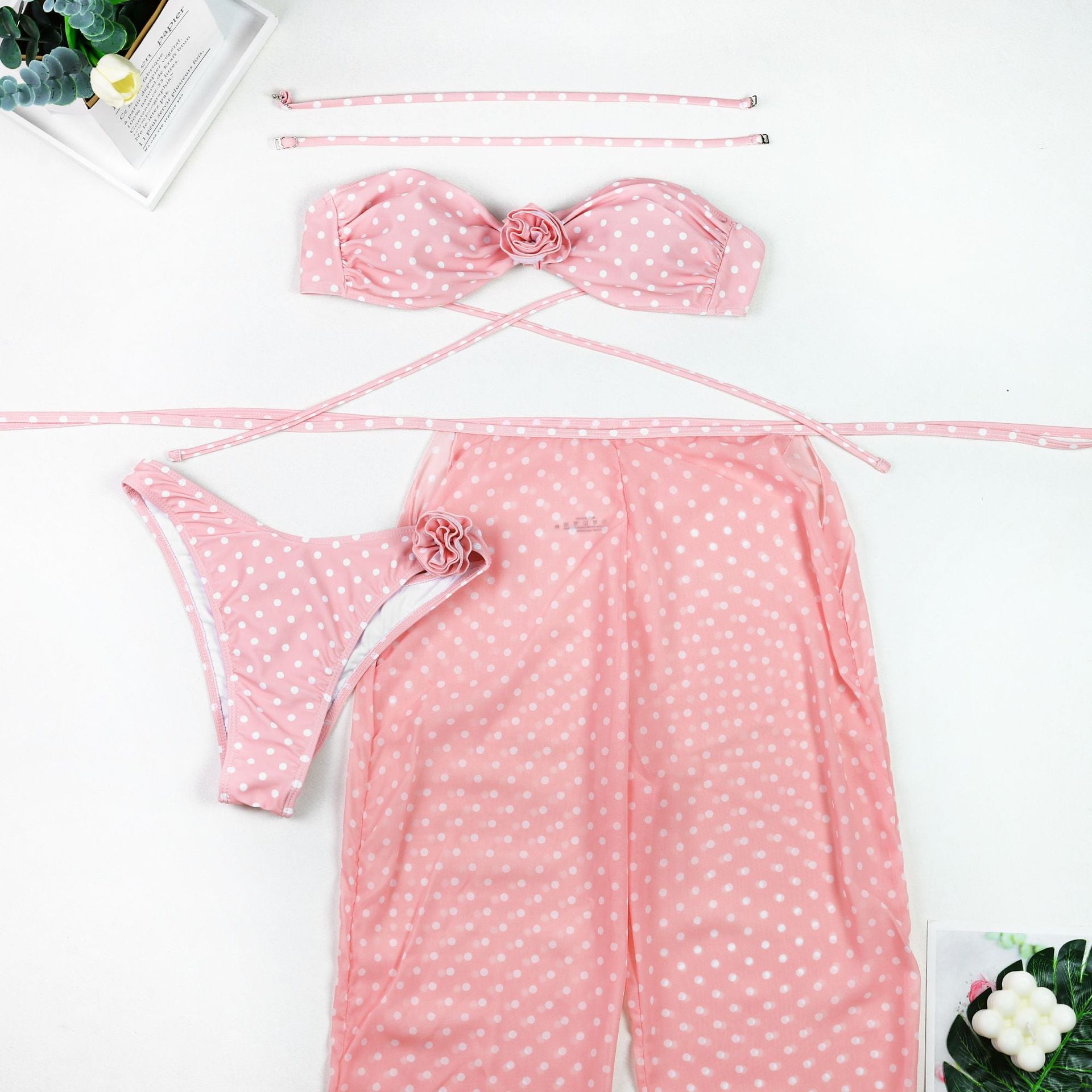 Polka Dot 3D Floral Bandeau Three-Piece Bikini Set