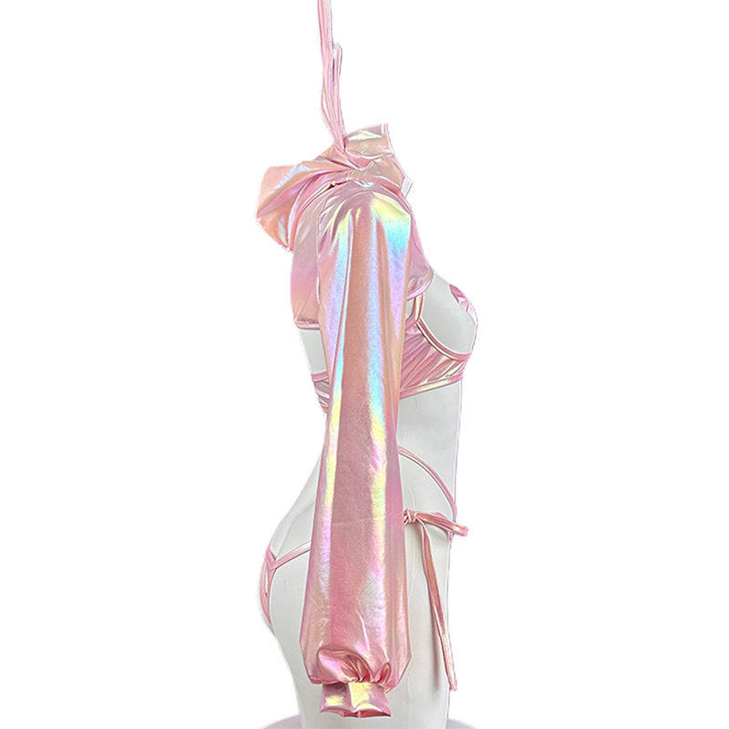 Cyberpunk Holographic Bunny Girl Cosplay Lingerie Set - Pink Iridescent Roleplay Outfit with Nipple Covers