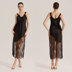 Satin Chiffon Asymmetrical Hem Sheer Lace Strappy Maxi Dress