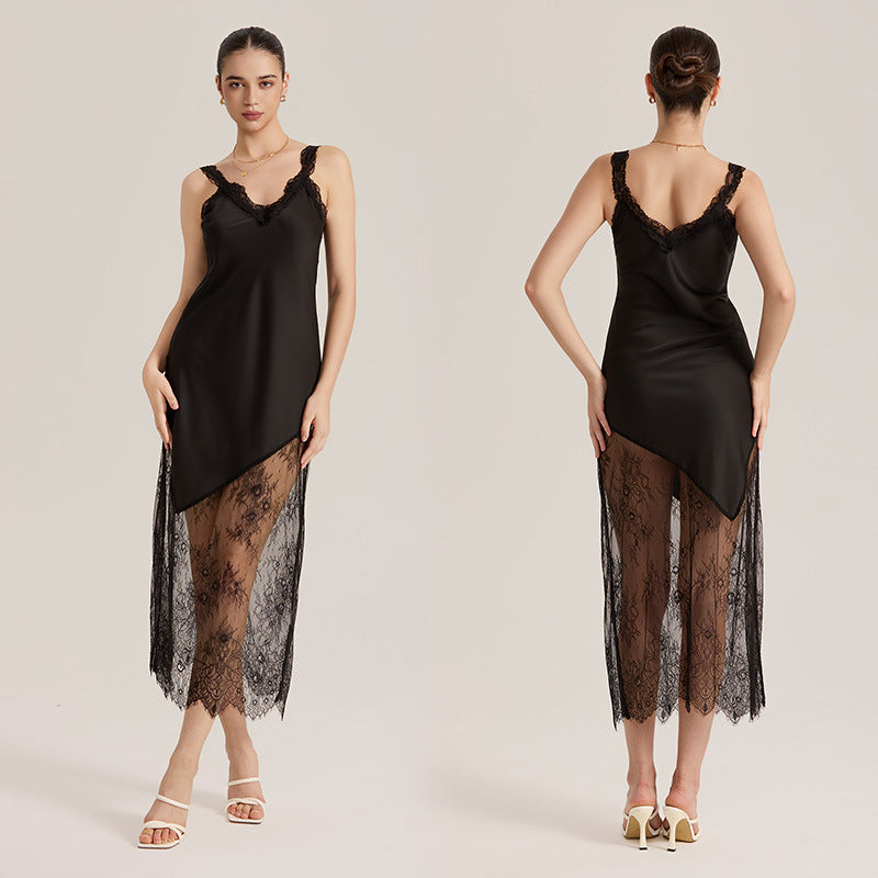 Satin Chiffon Asymmetrical Hem Sheer Lace Strappy Maxi Dress