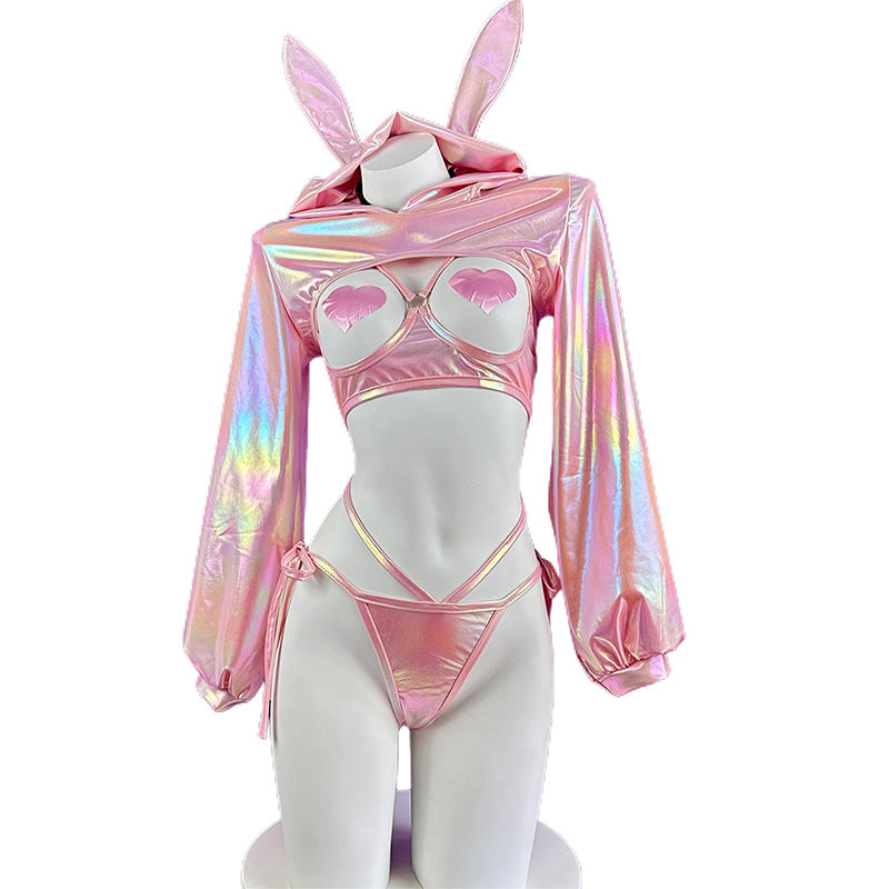 Cyberpunk Holographic Bunny Girl Cosplay Lingerie Set - Pink Iridescent Roleplay Outfit with Nipple Covers
