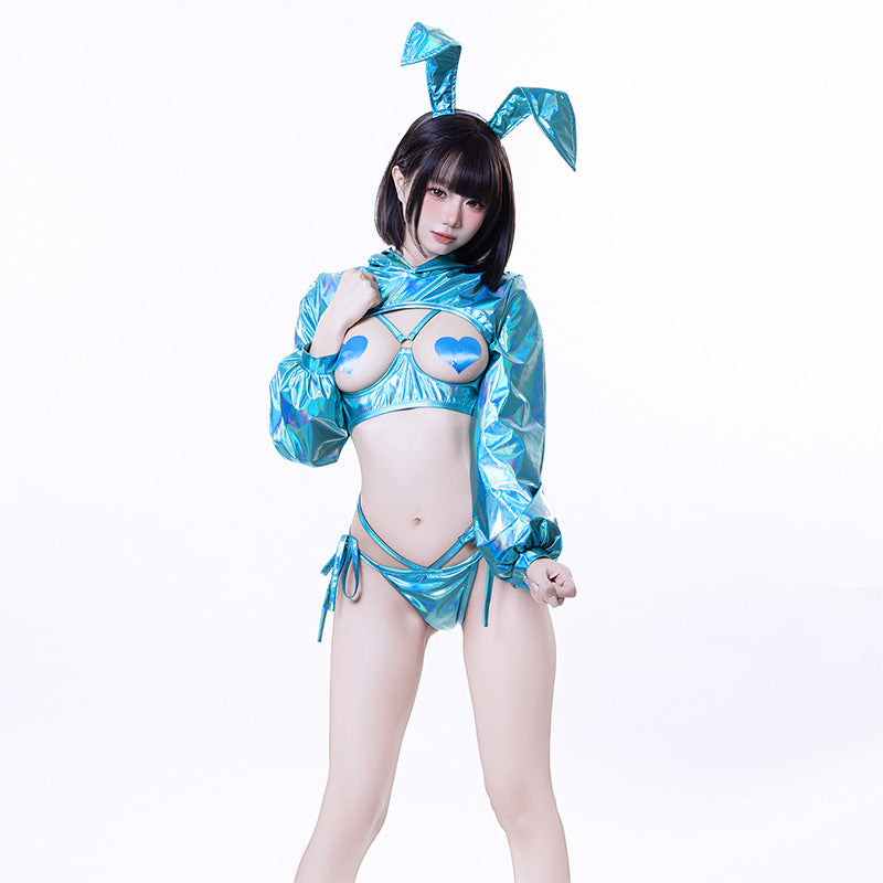 Cyberpunk Holographic Bunny Girl Cosplay Lingerie Set - Pink Iridescent Roleplay Outfit with Nipple Covers