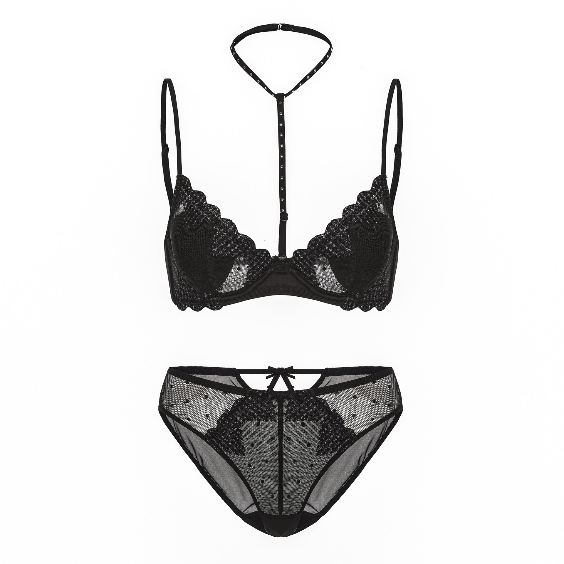 French Sheer Halter Bra Set Heart Embroidery Push Up