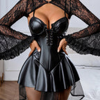 Women's Black Lace Flare Long Sleeve PU Lace-Up Slip Dress Set
