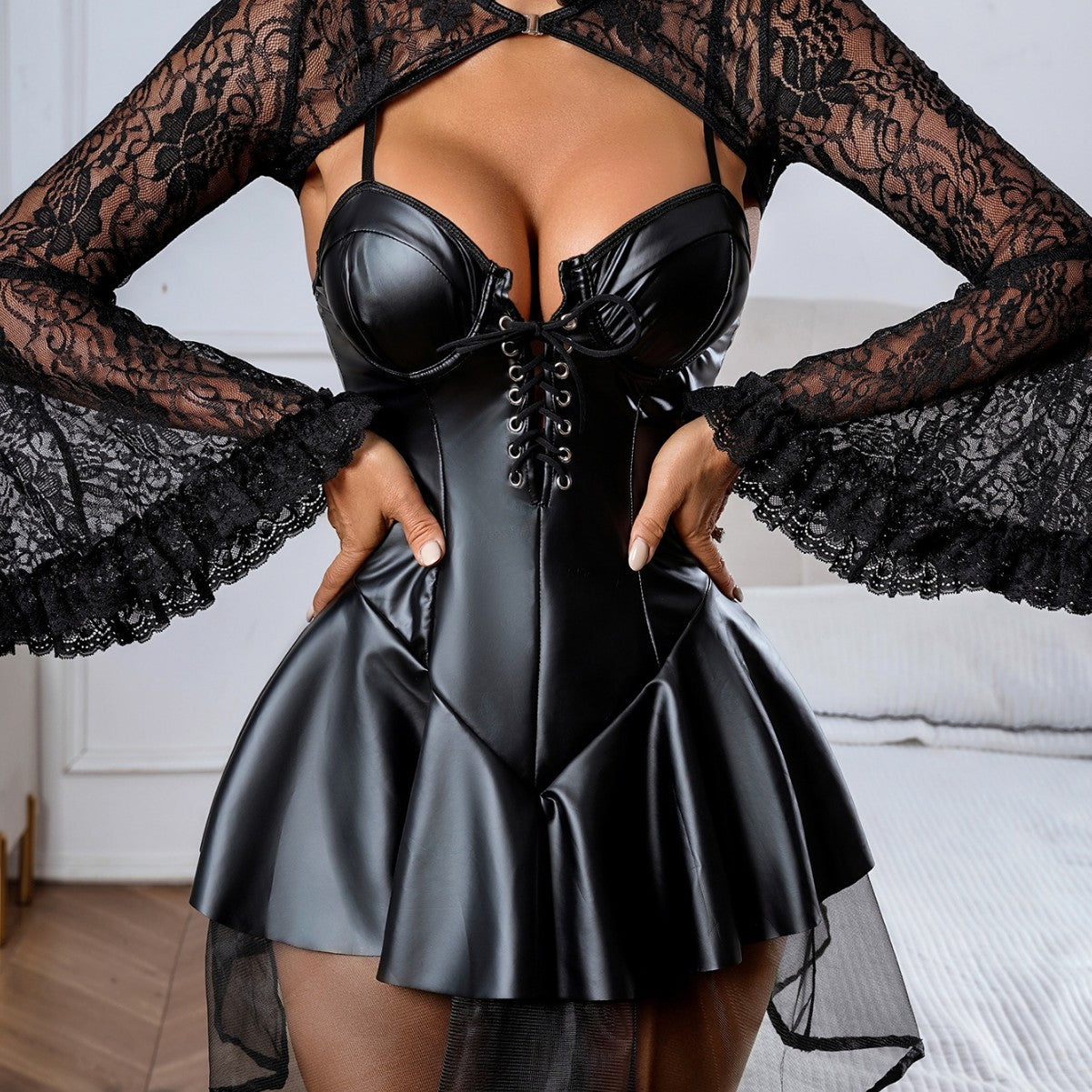 Women's Black Lace Flare Long Sleeve PU Lace-Up Slip Dress Set