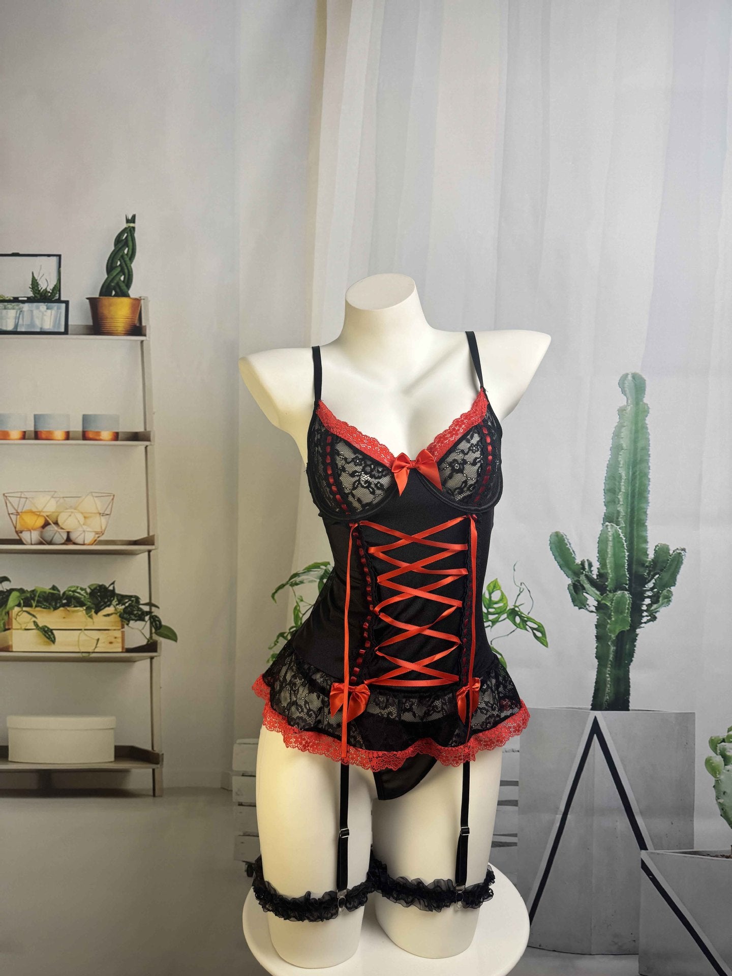 Women's Cute Sheer Lace Bow Tie Leg Ring One Piece Lingerie Set