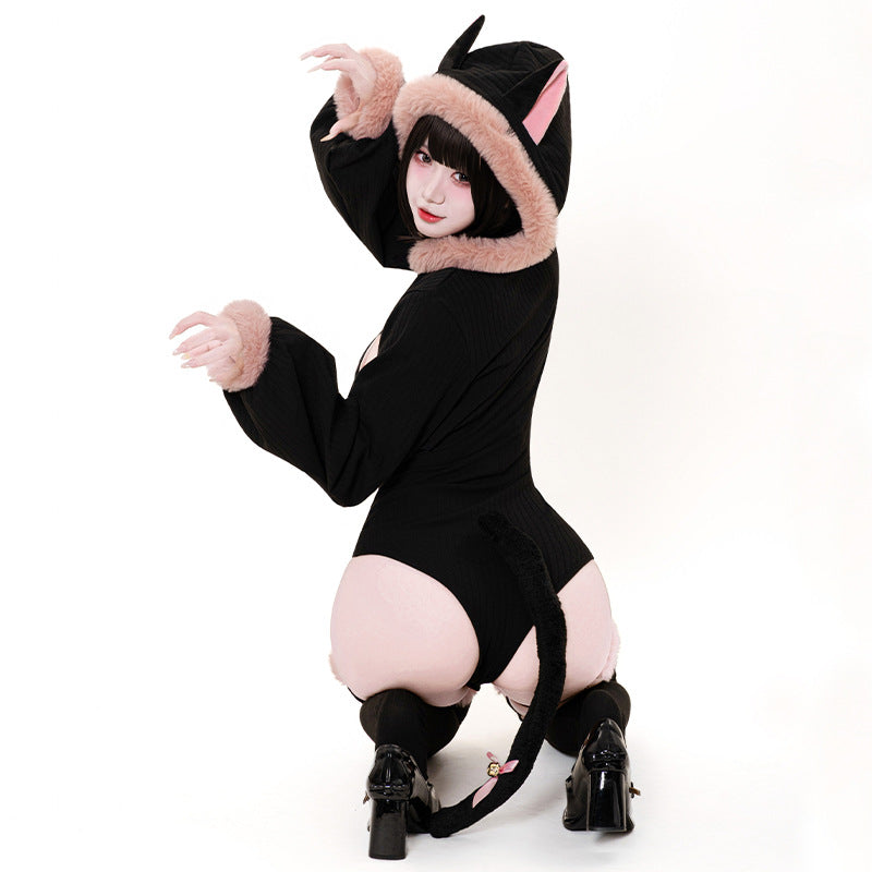Japanese Style Cute Cat Bodysuit Bikini Set with Detachable Fluffy Tail & Ears