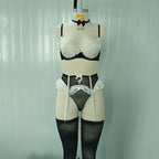 Sexy Color Block Lace Maid Lingerie Set with Pom-Pom Detail