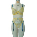 Women's Sexy Embroidery Bra Lingerie Set with Sheer Garter Belt & Thong