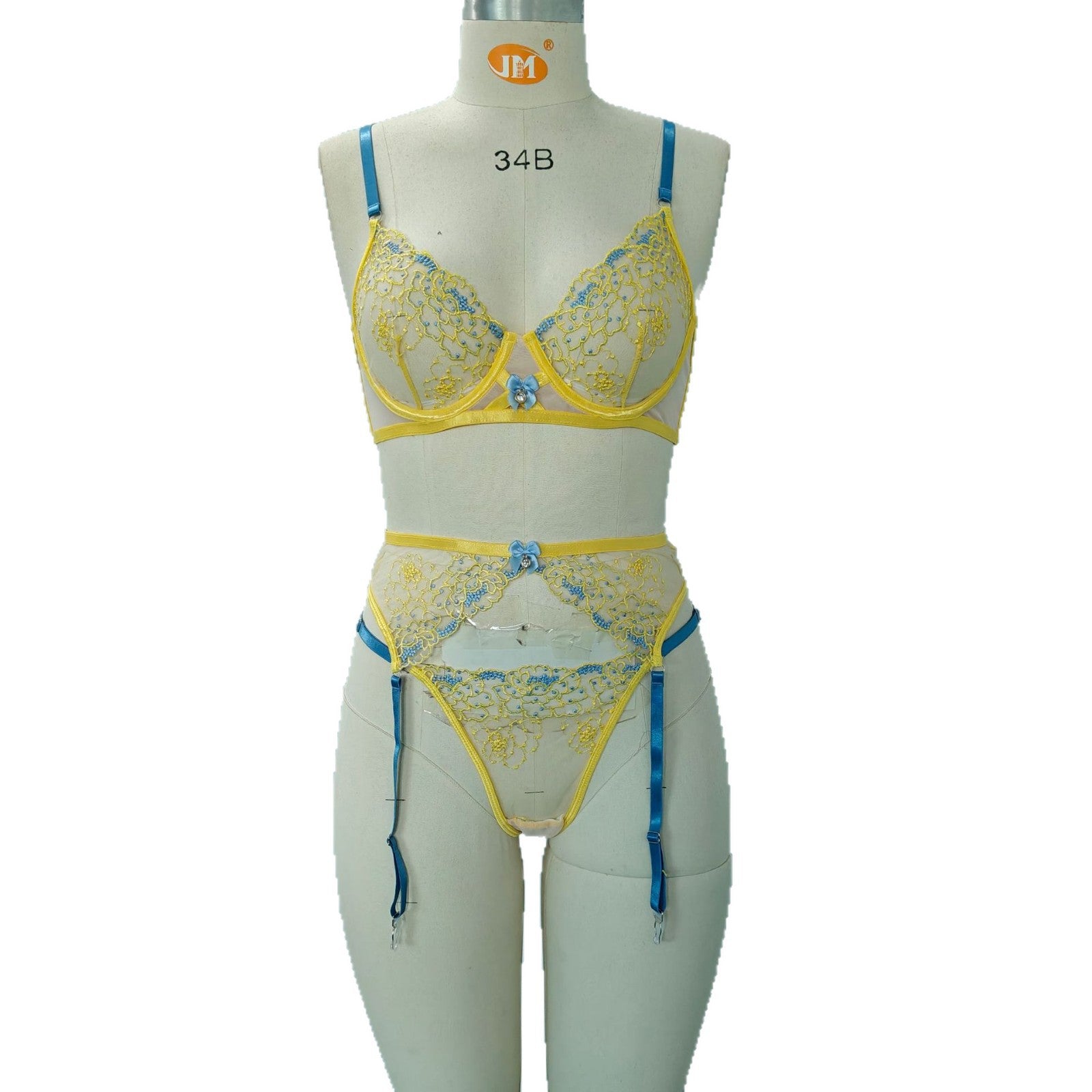 Women's Sexy Embroidery Bra Lingerie Set with Sheer Garter Belt & Thong