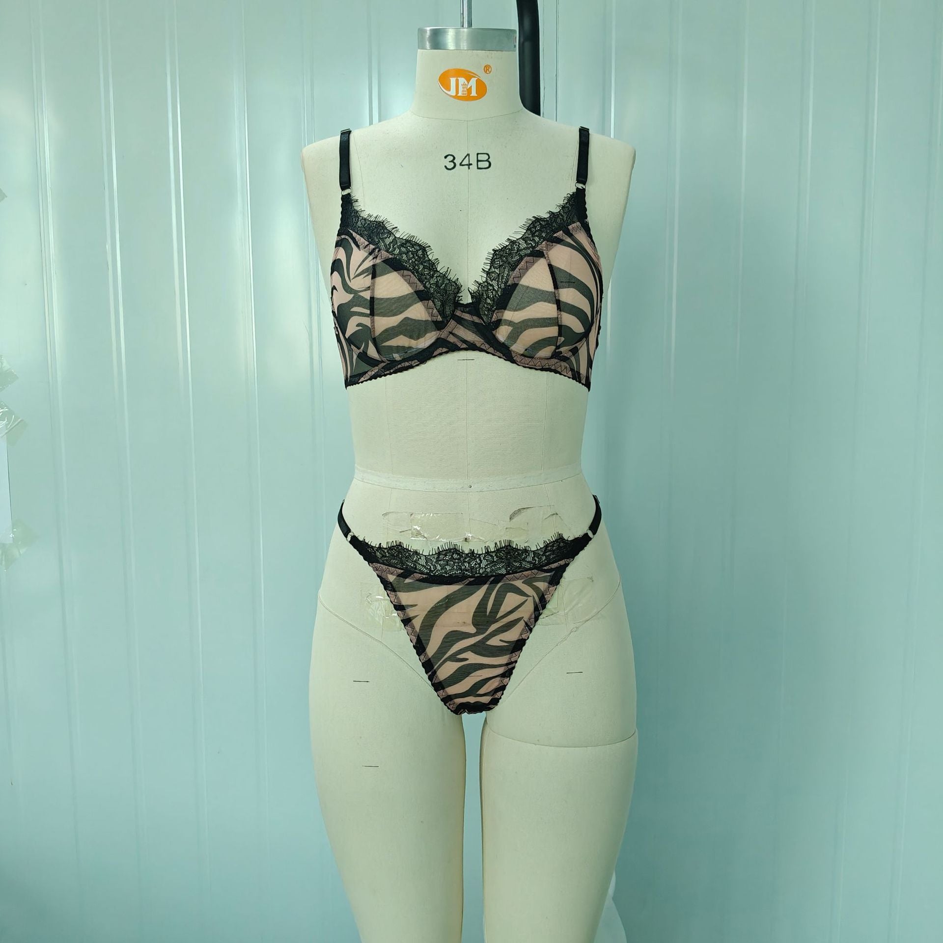 Women's Eyelash Lace Sheer Lingerie Set Mesh Leopard Print Bra Set