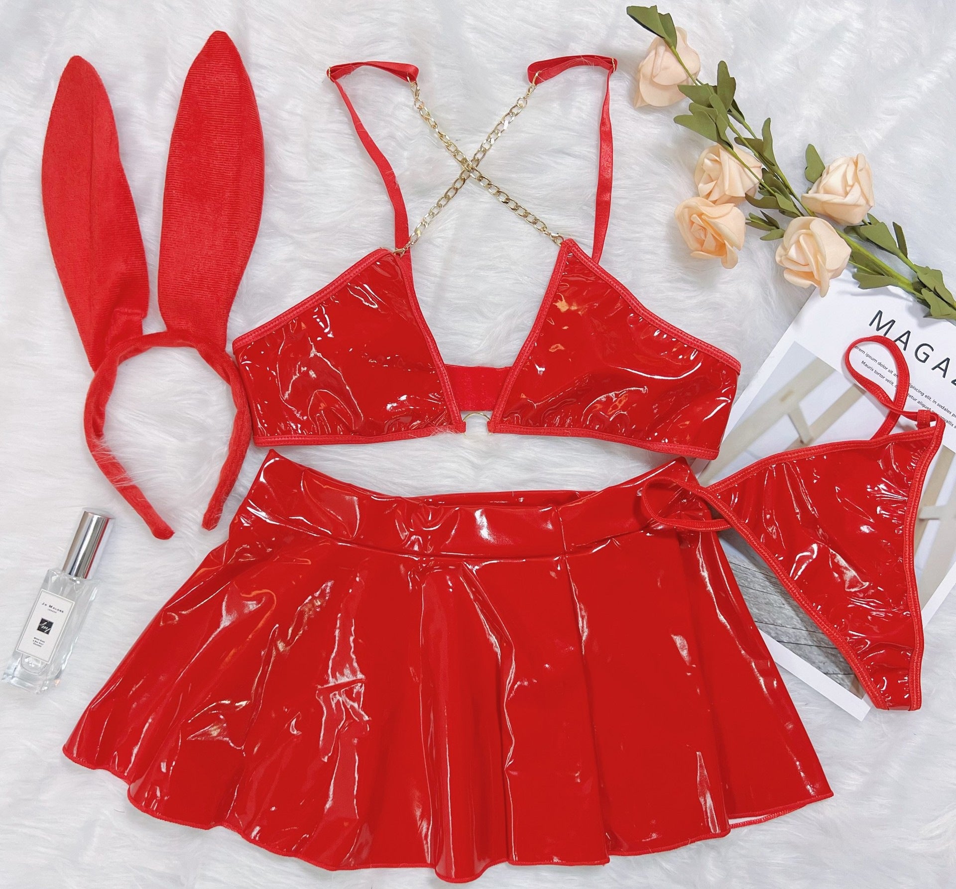 Patent Leather Bunny Girl Cosplay Lingerie Set – Clubwear Roleplay Costume