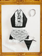 Plus Size Lace Halter Maid Costume 5-Piece Lingerie Set with Headwear