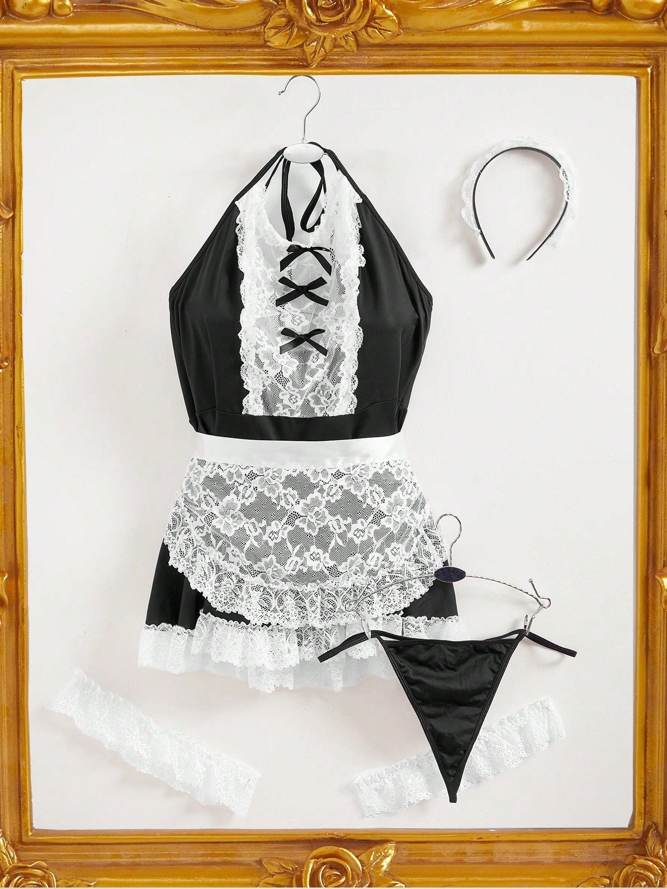 Plus Size Lace Halter Maid Costume 5-Piece Lingerie Set with Headwear
