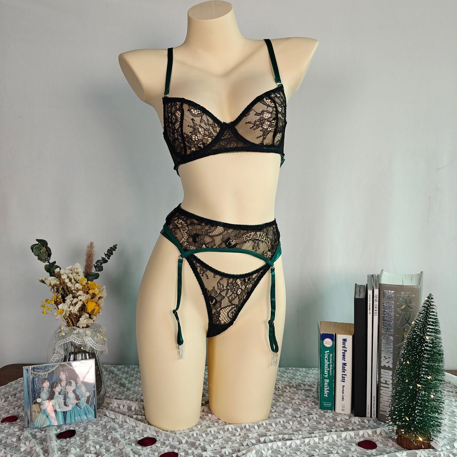 Women's Green Sheer Bra Lingerie Set with Garter Belt 3-Piece
