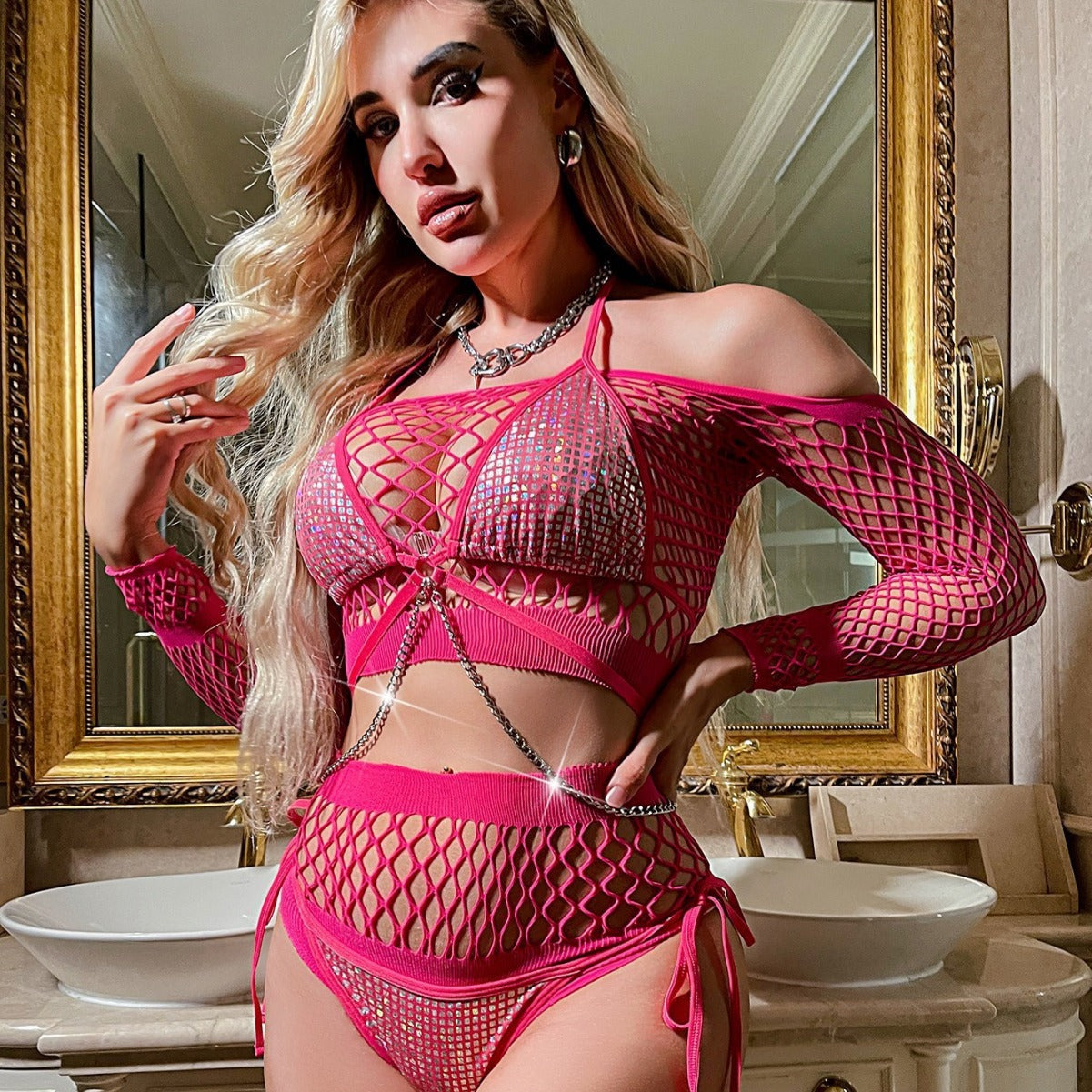 American Style Sexy Hot Girl Fishnet Lingerie Set Nightclub Outfit Two-Piece Bodycon