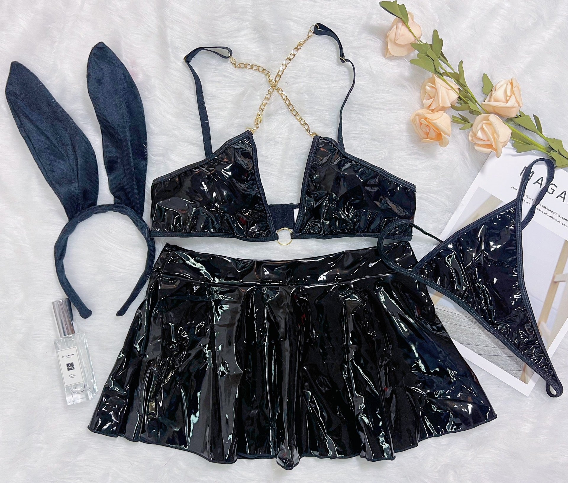 Patent Leather Bunny Girl Cosplay Lingerie Set – Clubwear Roleplay Costume