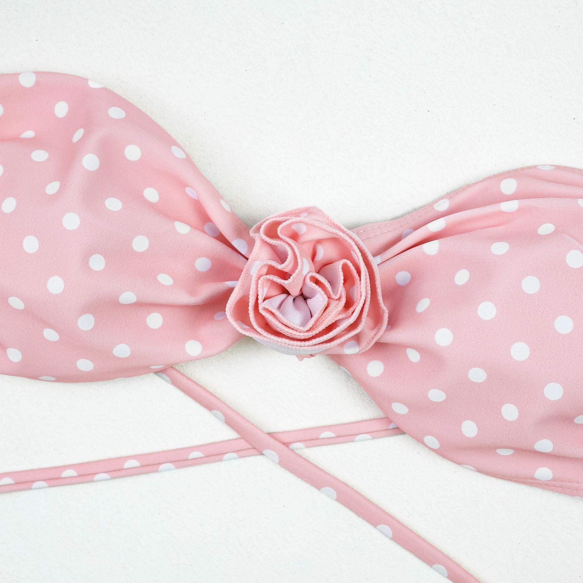 Polka Dot 3D Floral Bandeau Three-Piece Bikini Set