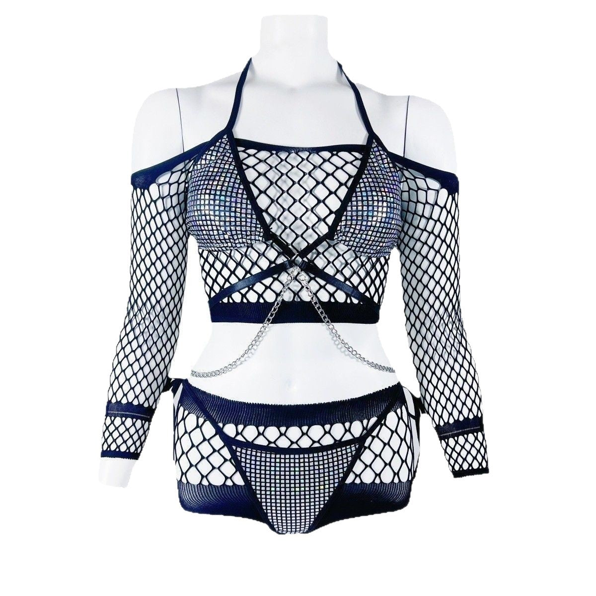 American Style Sexy Hot Girl Fishnet Lingerie Set Nightclub Outfit Two-Piece Bodycon