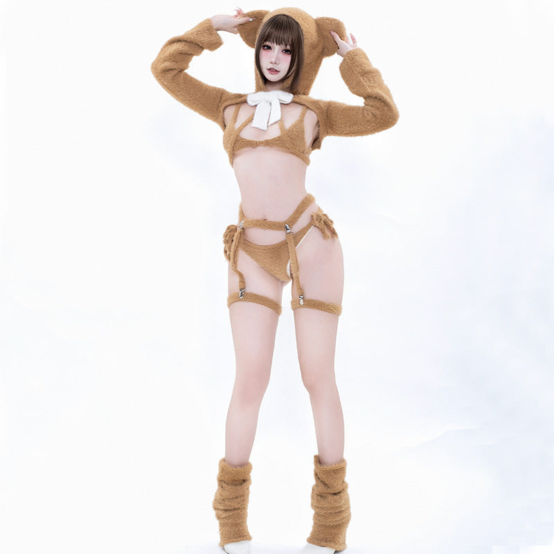 Pink Bear Mink Fur Cosplay Lingerie Set with Gloves & Socks