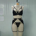 Women's New European Style Black Lace Sexy Lace-Up Patchwork Sheer Slim Fit Lingerie Set