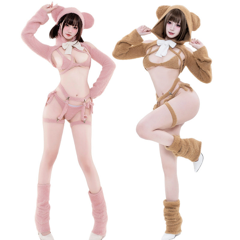 Pink Bear Mink Fur Cosplay Lingerie Set with Gloves & Socks
