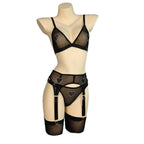 Women's New Sexy Mesh Heart Rhinestone Lingerie Set with Garter Belt & Stockings
