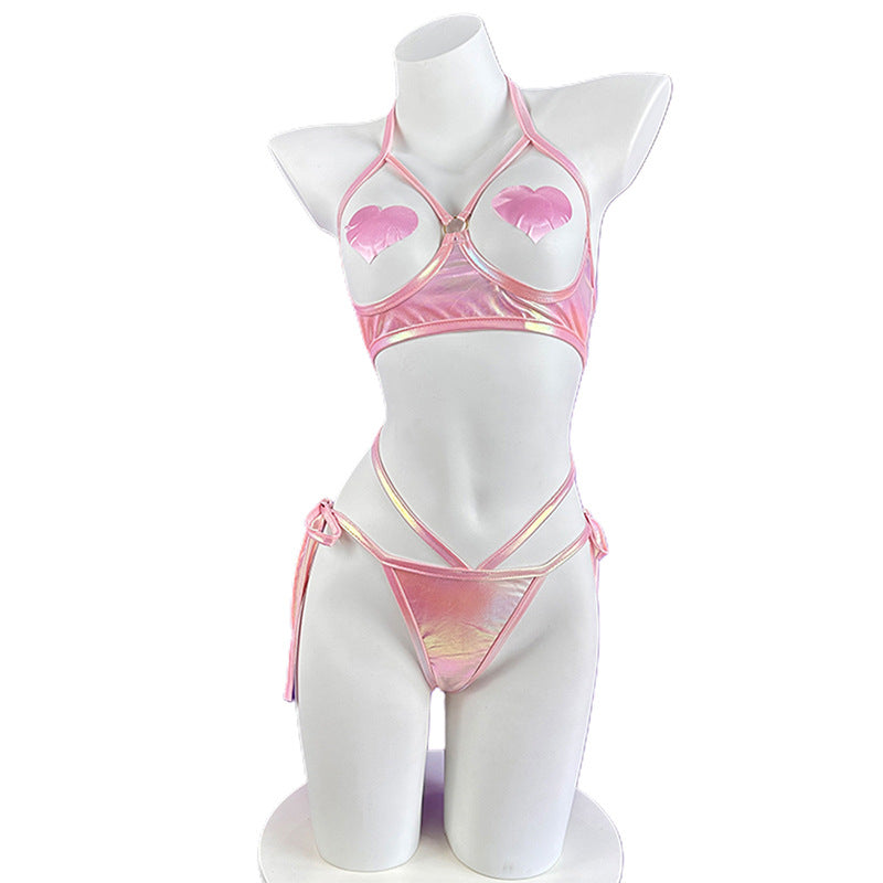 Cyberpunk Holographic Bunny Girl Cosplay Lingerie Set - Pink Iridescent Roleplay Outfit with Nipple Covers