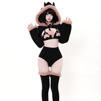 Japanese Style Cute Cat Bodysuit Bikini Set with Detachable Fluffy Tail & Ears
