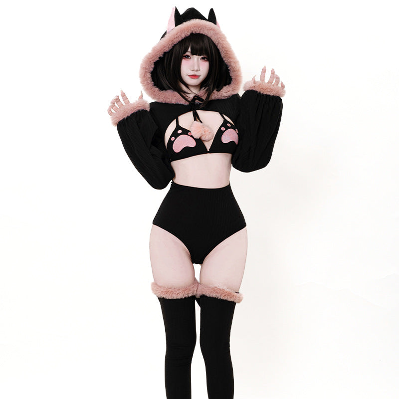 Japanese Style Cute Cat Bodysuit Bikini Set with Detachable Fluffy Tail & Ears