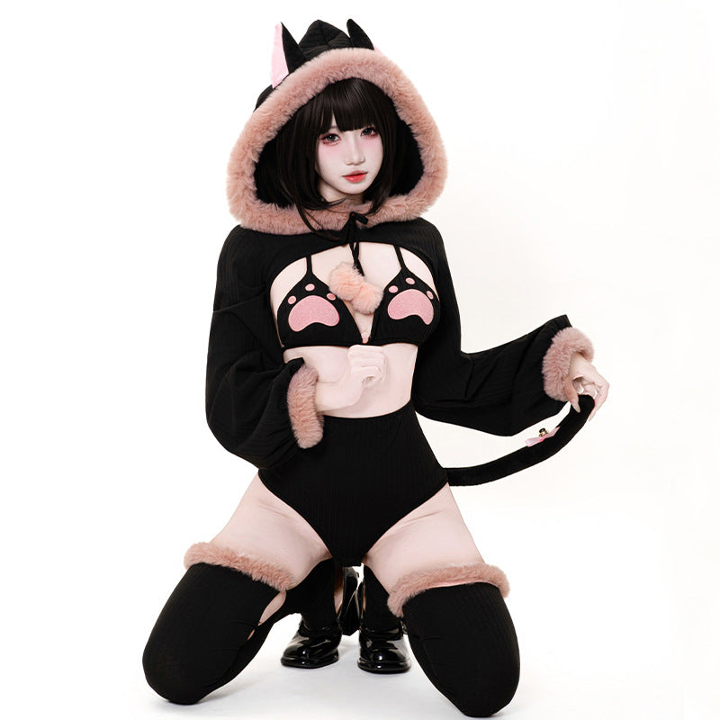 Japanese Style Cute Cat Bodysuit Bikini Set with Detachable Fluffy Tail & Ears