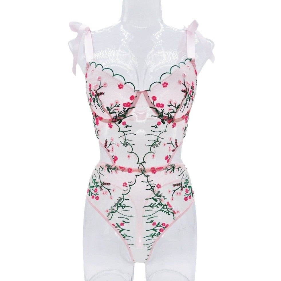 New French Style Embroidery Sheer Mesh Sexy Lingerie Set