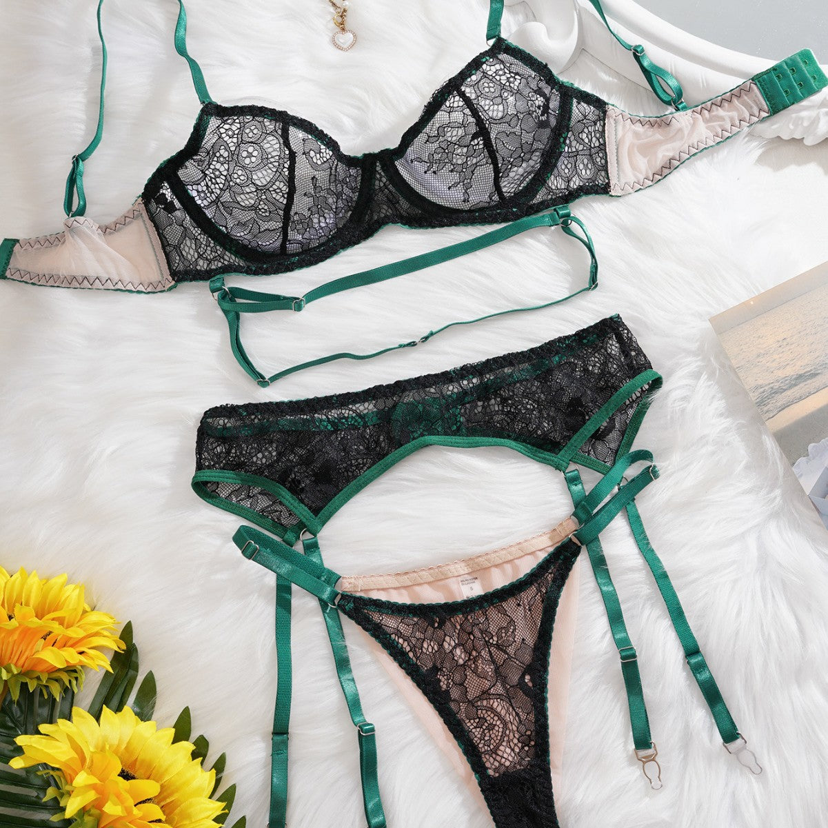 Women's Green Sheer Bra Lingerie Set with Garter Belt 3-Piece
