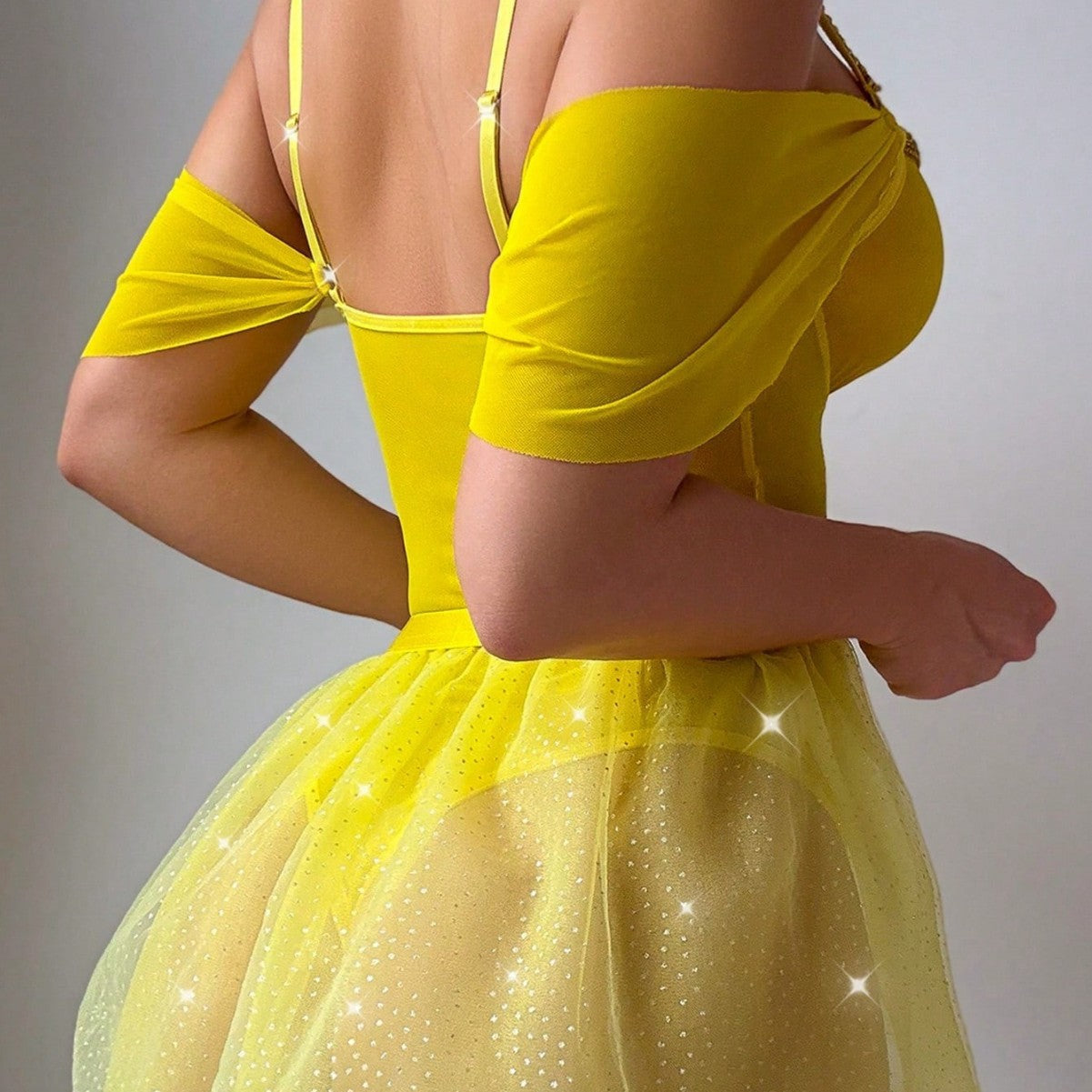 Shiny Bodysuit Tutu Skirt Fishnet Socks Lingerie Set