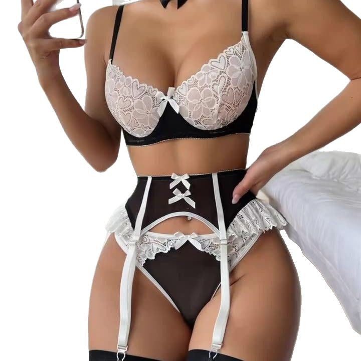 Sexy Color Block Lace Maid Lingerie Set with Pom-Pom Detail