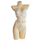 Women's Pastoral Floral Embroidery White Lace Lace-Up Waist Cincher Sexy Lingerie Set
