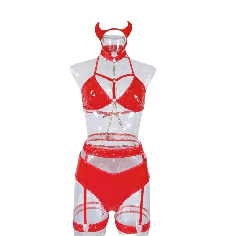 Women's PU Leather Cosplay Uniform Lingerie Set with Metal Chains