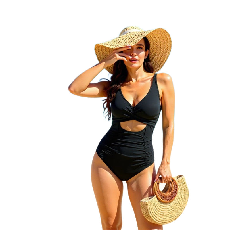 Solid Color Cross Back High Waist One-Piece Swimsuit with Ruched Detail