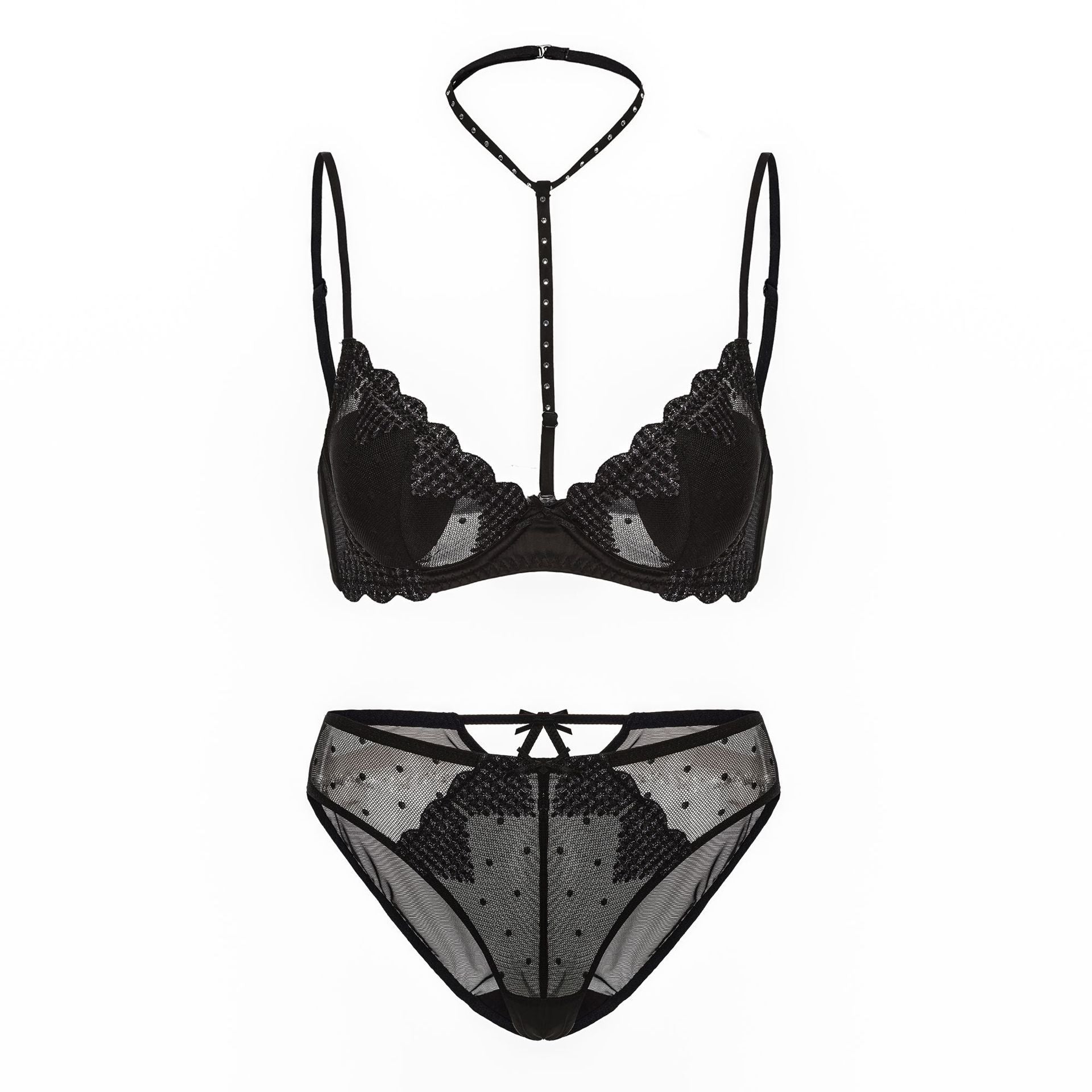 French Sheer Halter Bra Set Heart Embroidery Push Up