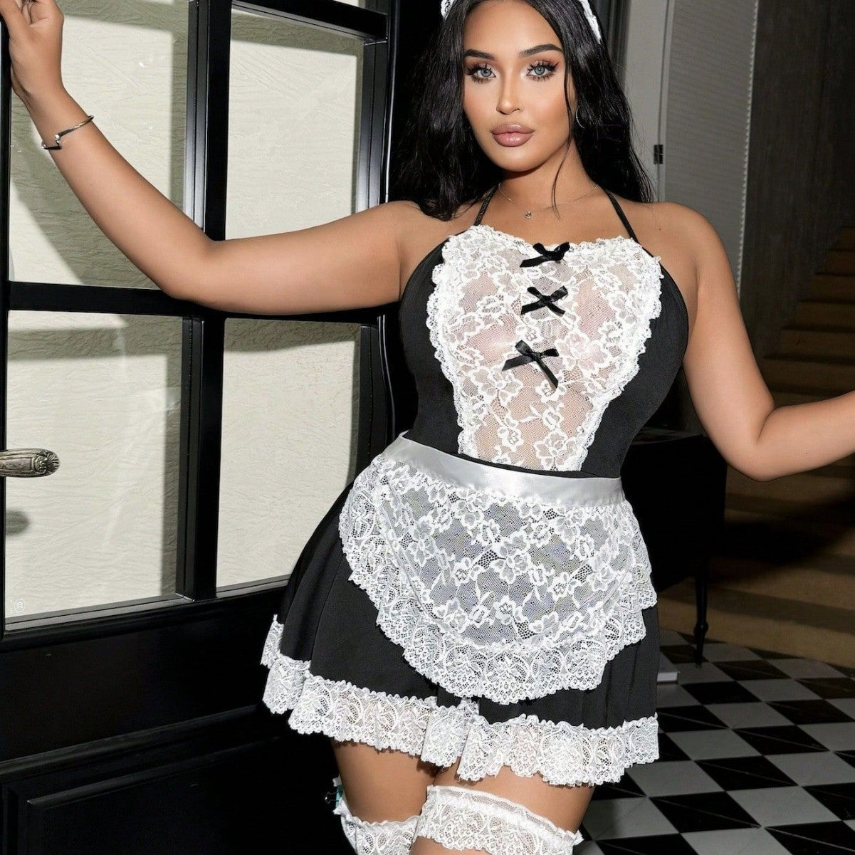 Plus Size Lace Halter Maid Costume 5-Piece Lingerie Set with Headwear