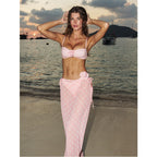 Polka Dot 3D Floral Bandeau Three-Piece Bikini Set