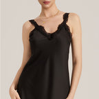 Satin Chiffon Asymmetrical Hem Sheer Lace Strappy Maxi Dress