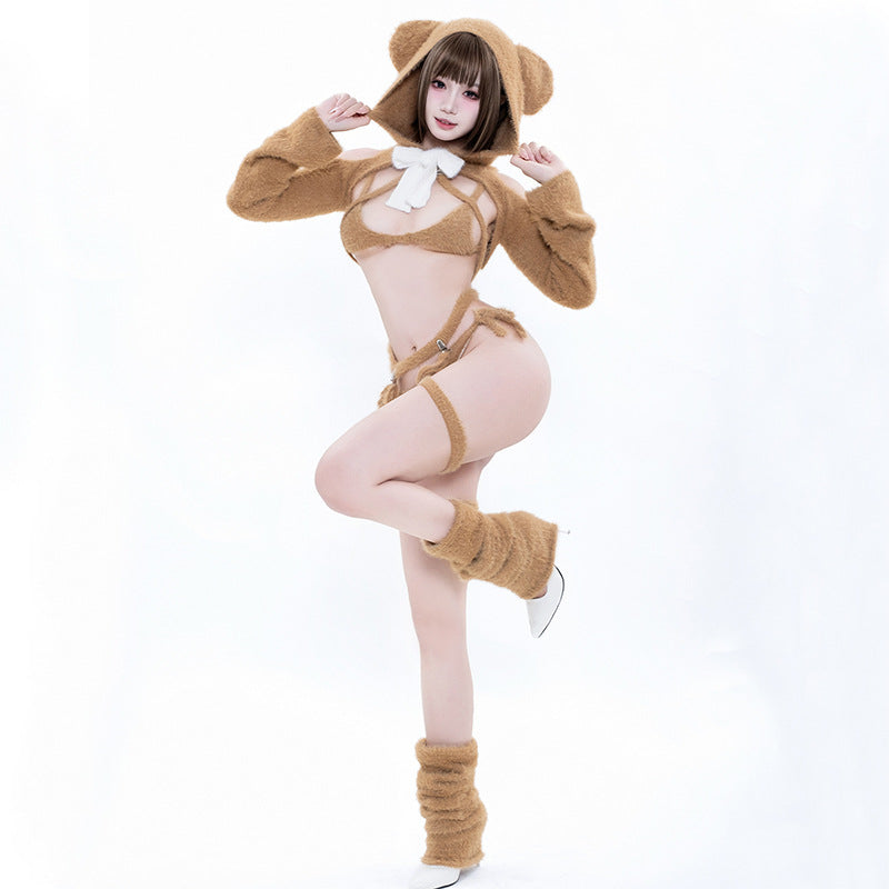 Pink Bear Mink Fur Cosplay Lingerie Set with Gloves & Socks