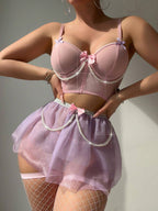 Women's Sexy Beaded Chain Bow Bra Lace Mini Skirt Thong 3 Piece Lingerie Set