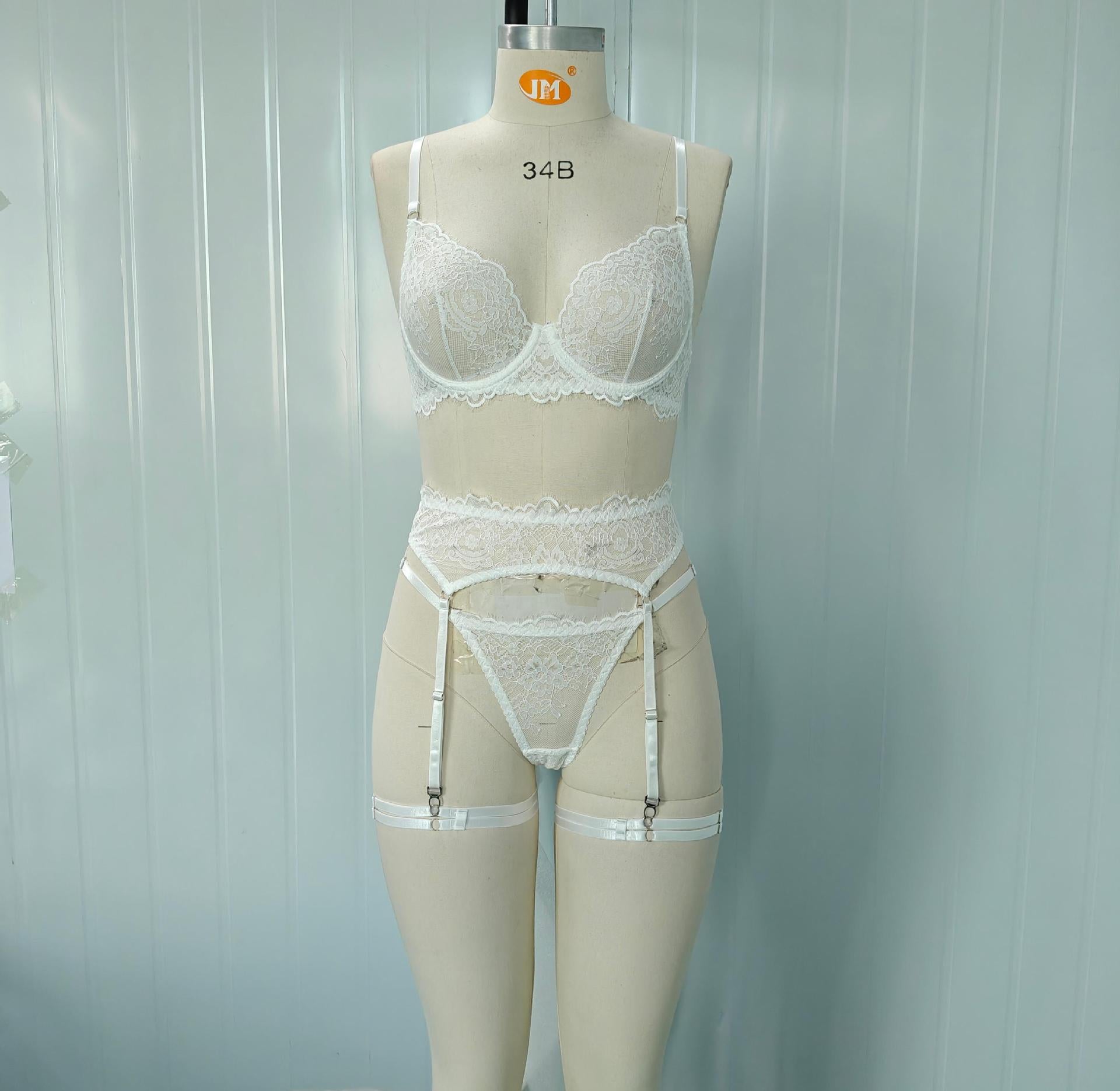 Women's Sexy Sheer White Lace Lingerie 3-Piece Set with Leg Rings