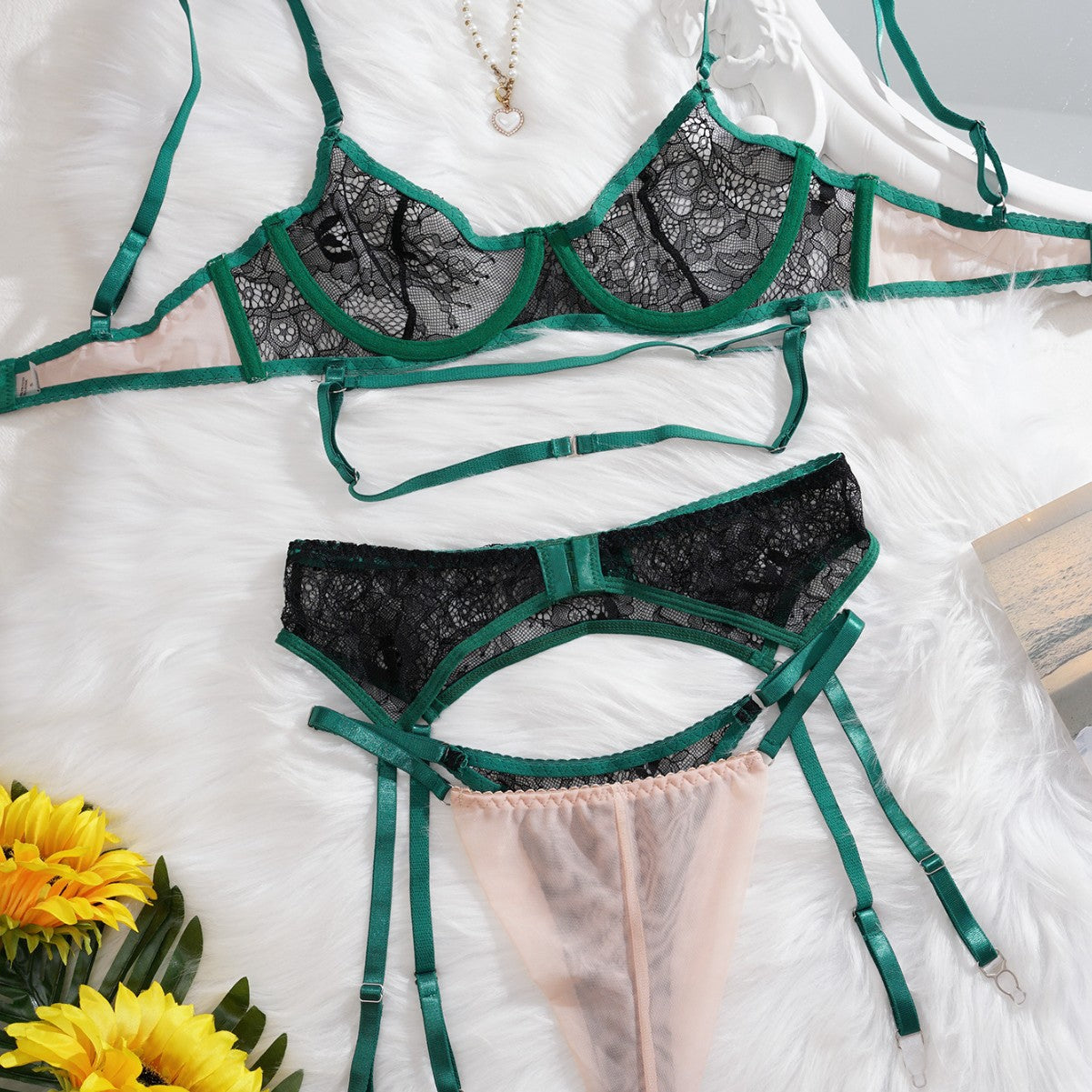 Women's Green Sheer Bra Lingerie Set with Garter Belt 3-Piece